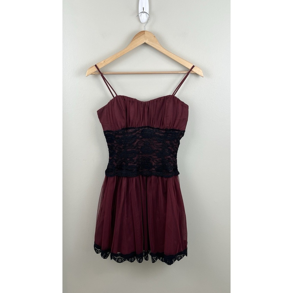 Deb Vtg Y2K Dress Lace Corset Sheer Mesh Sleeveless Fairy Goth Red Black Sz S
